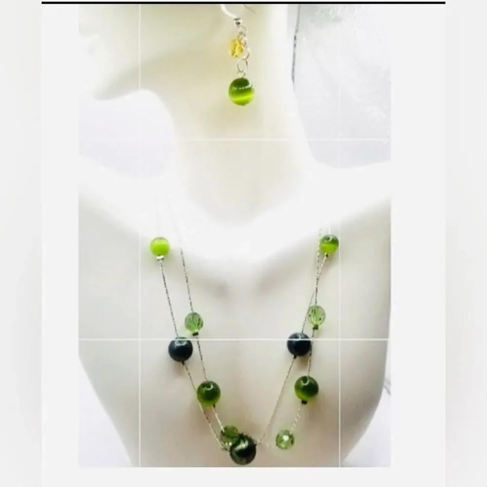 silver toned layered green floating Beaded womans necklace and earrings set. - Picture 2 of 9